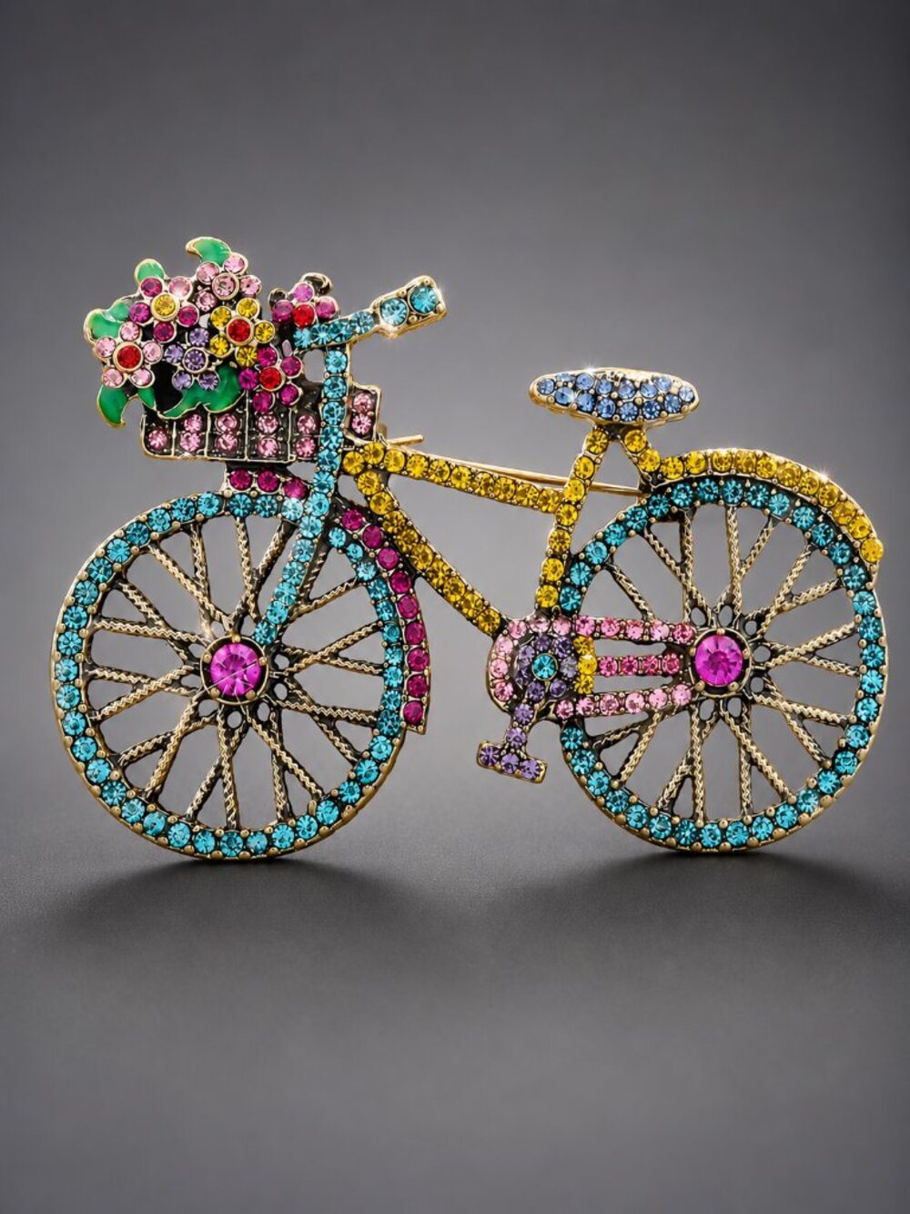 Bicycle Flower Basket Crystal Rhinestone Brooch Bag Charm
